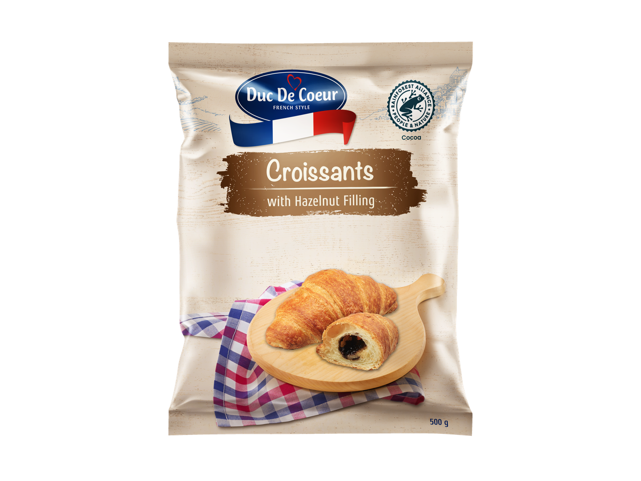 DUC DE COEUR Kruasanai su nugos įdaru, 500g, Rainforest Alliance sertifikuota kakava.