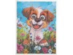 A diamond painting kit featuring a happy puppy surrounded by colorful flowers.