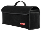 ULTIMATE SPEED® black car boot organiser, made of felt with a carry handle and red logo.