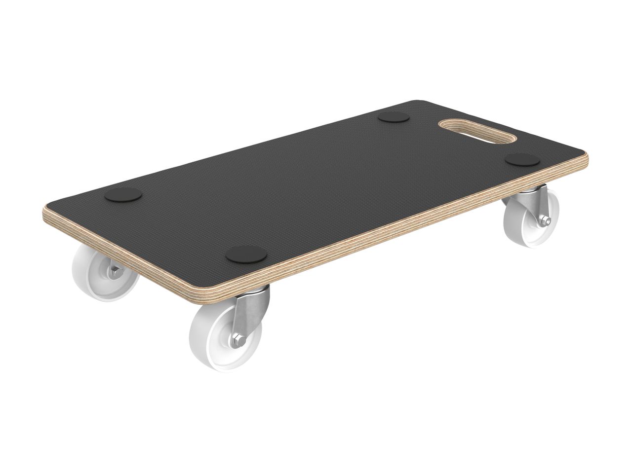 Wooden furniture dolly with a black non-slip surface and four white swivel casters.