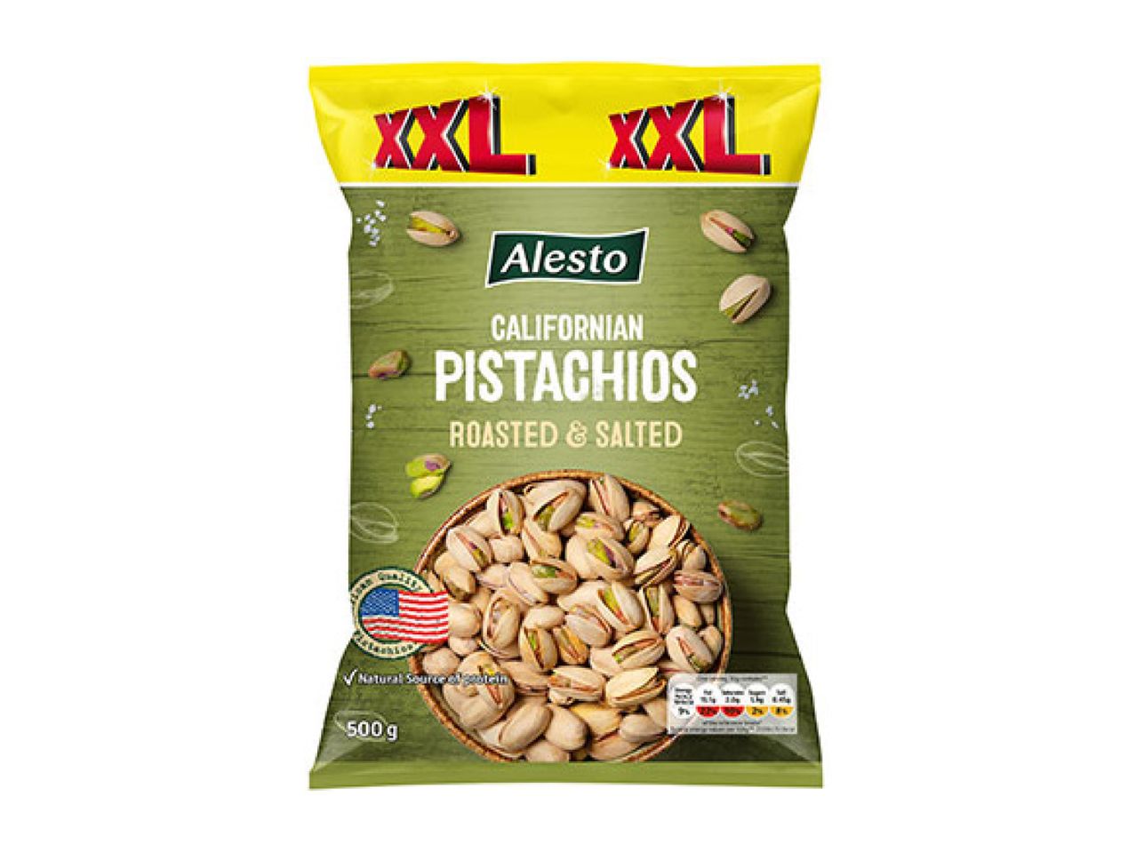 XXL bag of Californian pistachios, roasted and salted, with a bowl of pistachios.