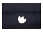 Close-up of a dark blue puffer jacket with a reflective paw print detail.