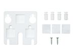 White plastic mounting bracket with screws, wall plugs, and adhesive pads.