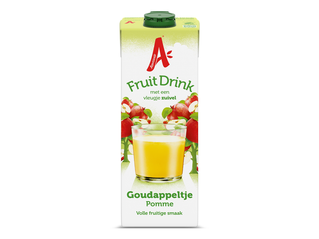 Appeldrank in een pak met een glas sap en appels, met de tekst 'Fruit Drink Goudappeltje'.