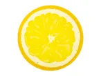 A vibrant yellow lemon slice with visible segments and a white rind.