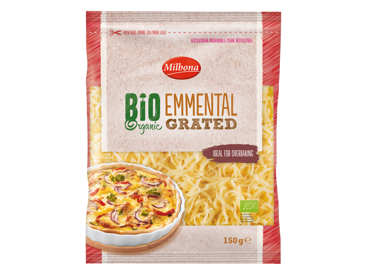 Verpakking Milbona Bio geraspte Emmentaler met een quiche op de voorgrond.