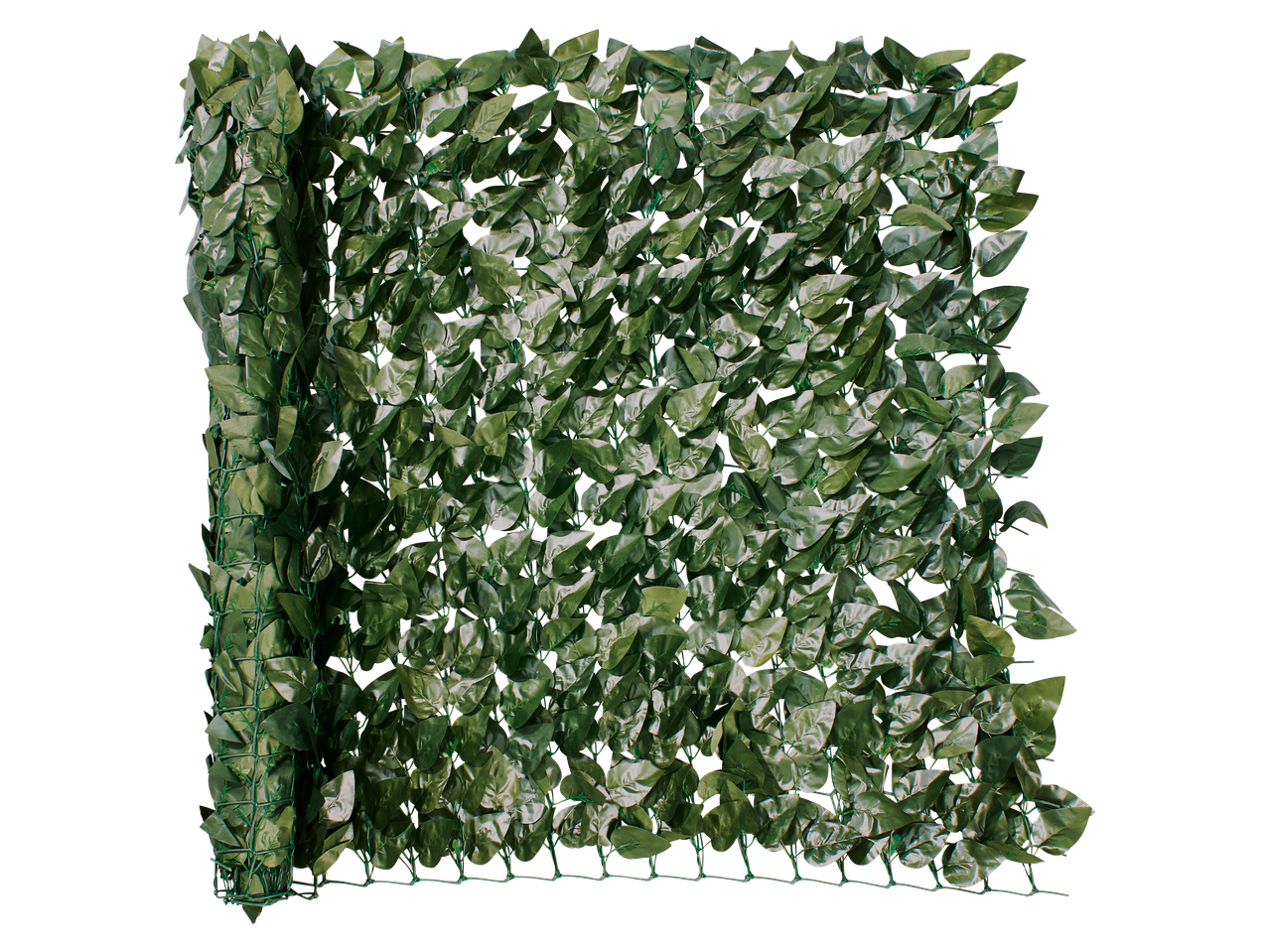 Artificial green leaf privacy screen or decorative wall covering on a black background.