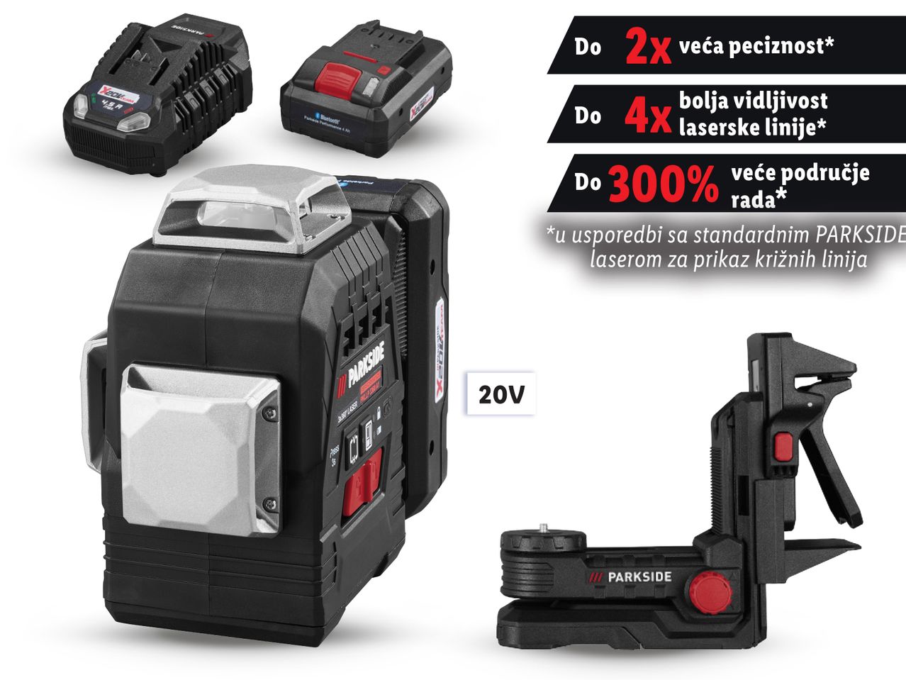 Parkside 20V laserska razina s dvostrukim punjačem i dodatnim držačem.