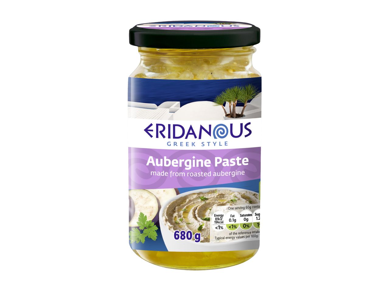 Jar of Greek-style aubergine paste, 680g, with nutritional information visible.