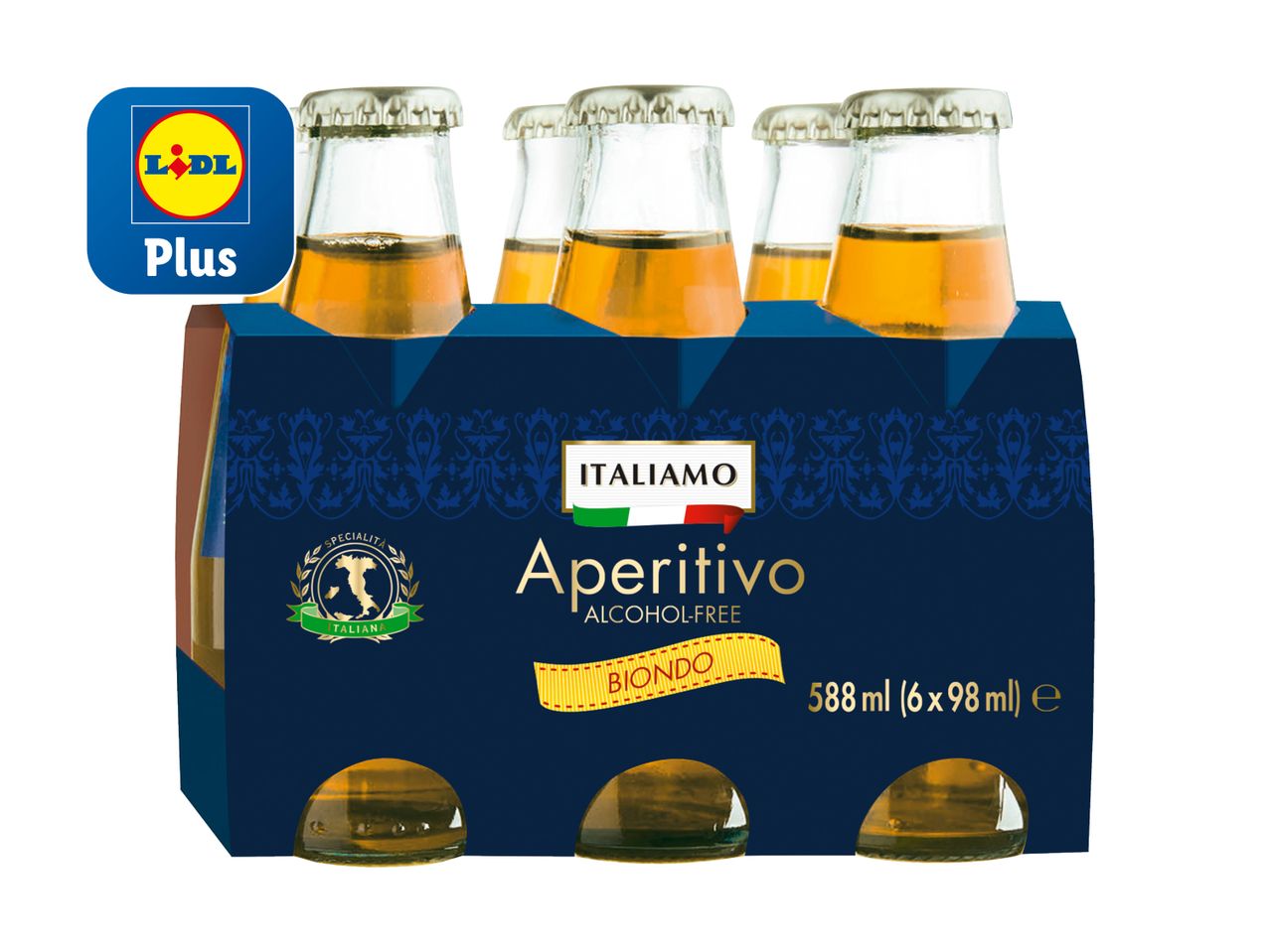 Sechs Flaschen alkoholfreier Italamo Aperitivo Biondo im Lidl Plus-Sortiment.