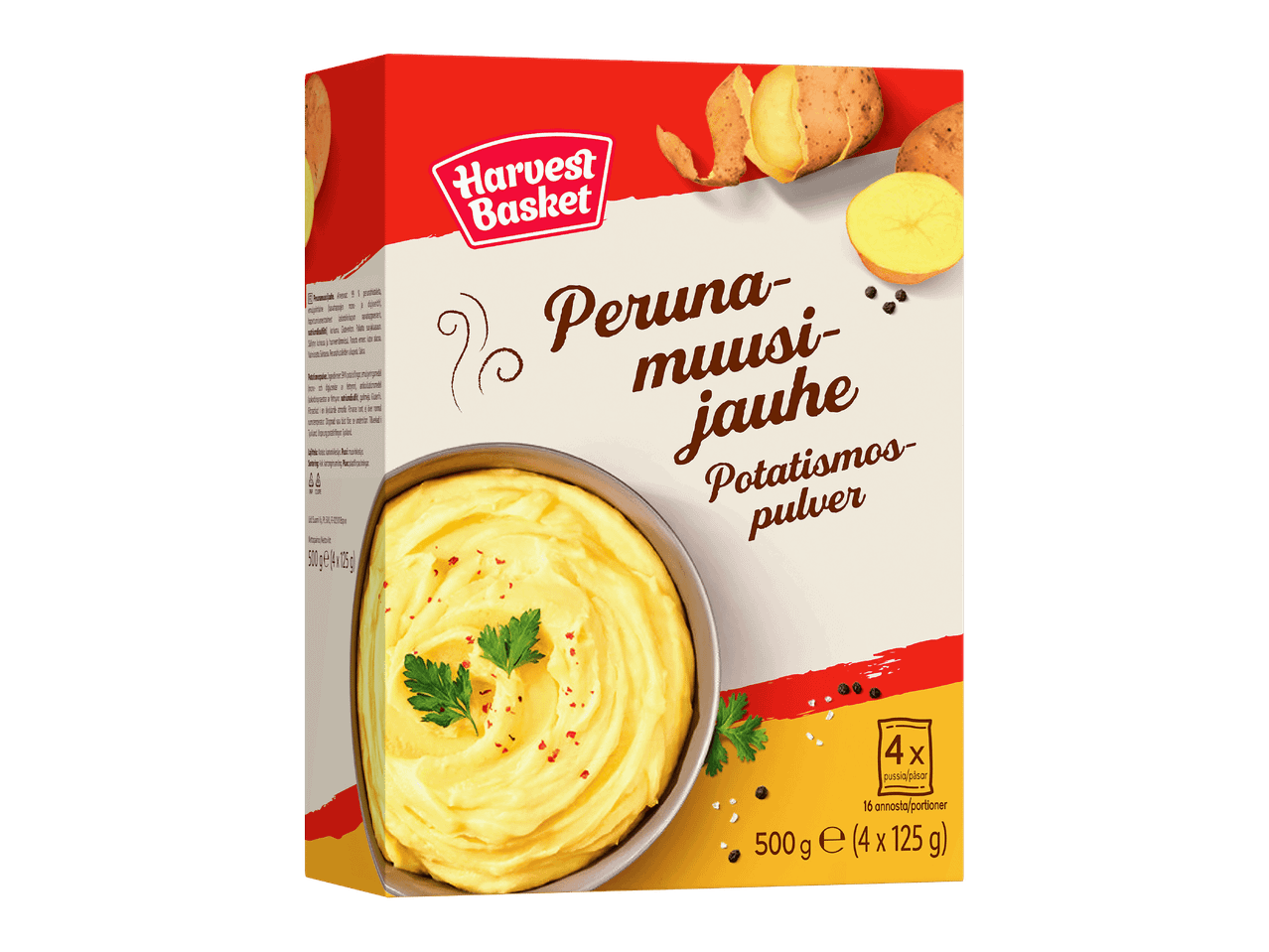 Perunamuusijauhepakkaus, jossa on kuva valmiista perunamuusista.