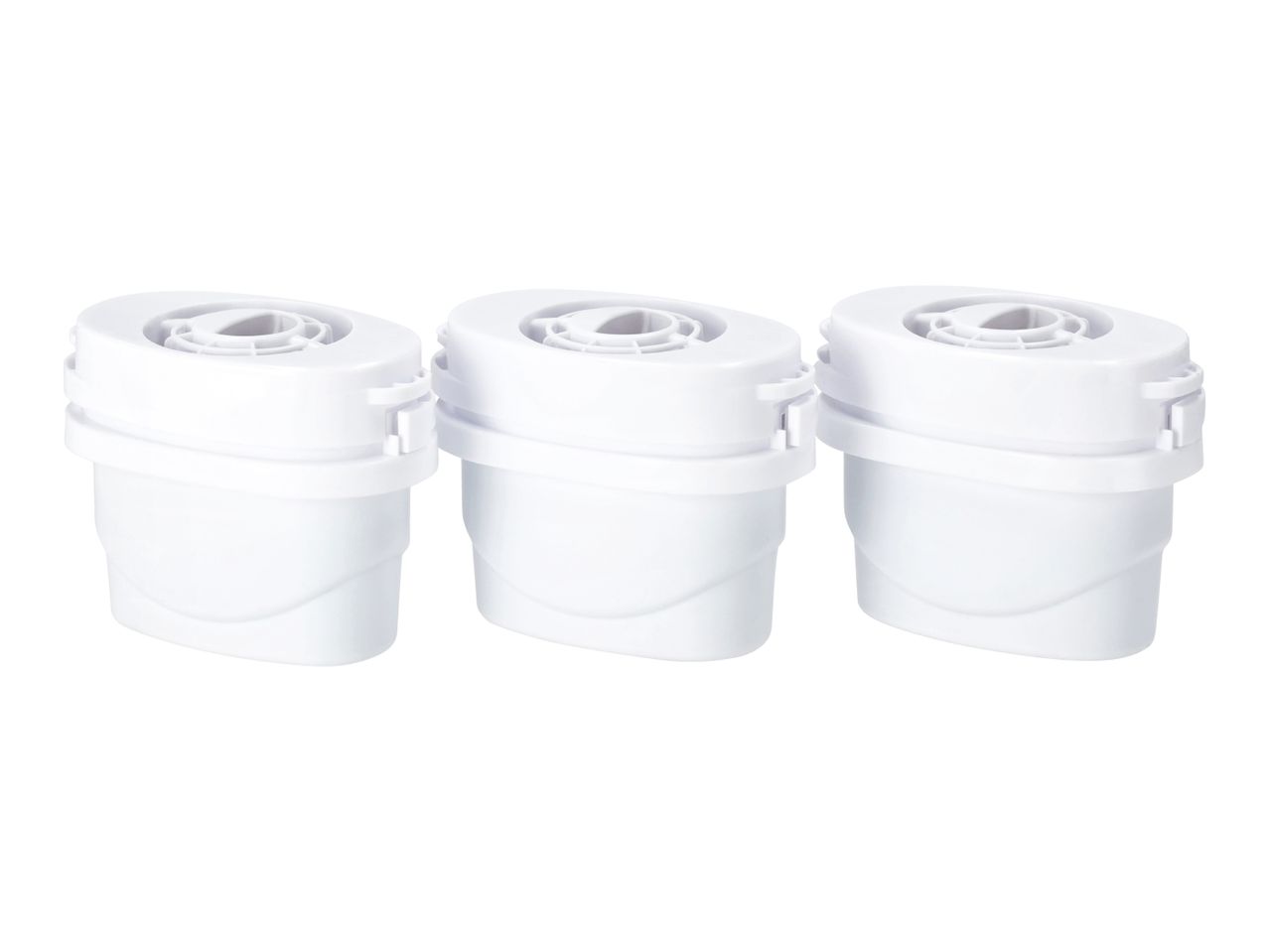 Three white water filter cartridges arranged in a row on a white background.