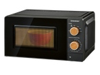 Black microwave oven with two wooden-look dials for power settings and timer/defrost.