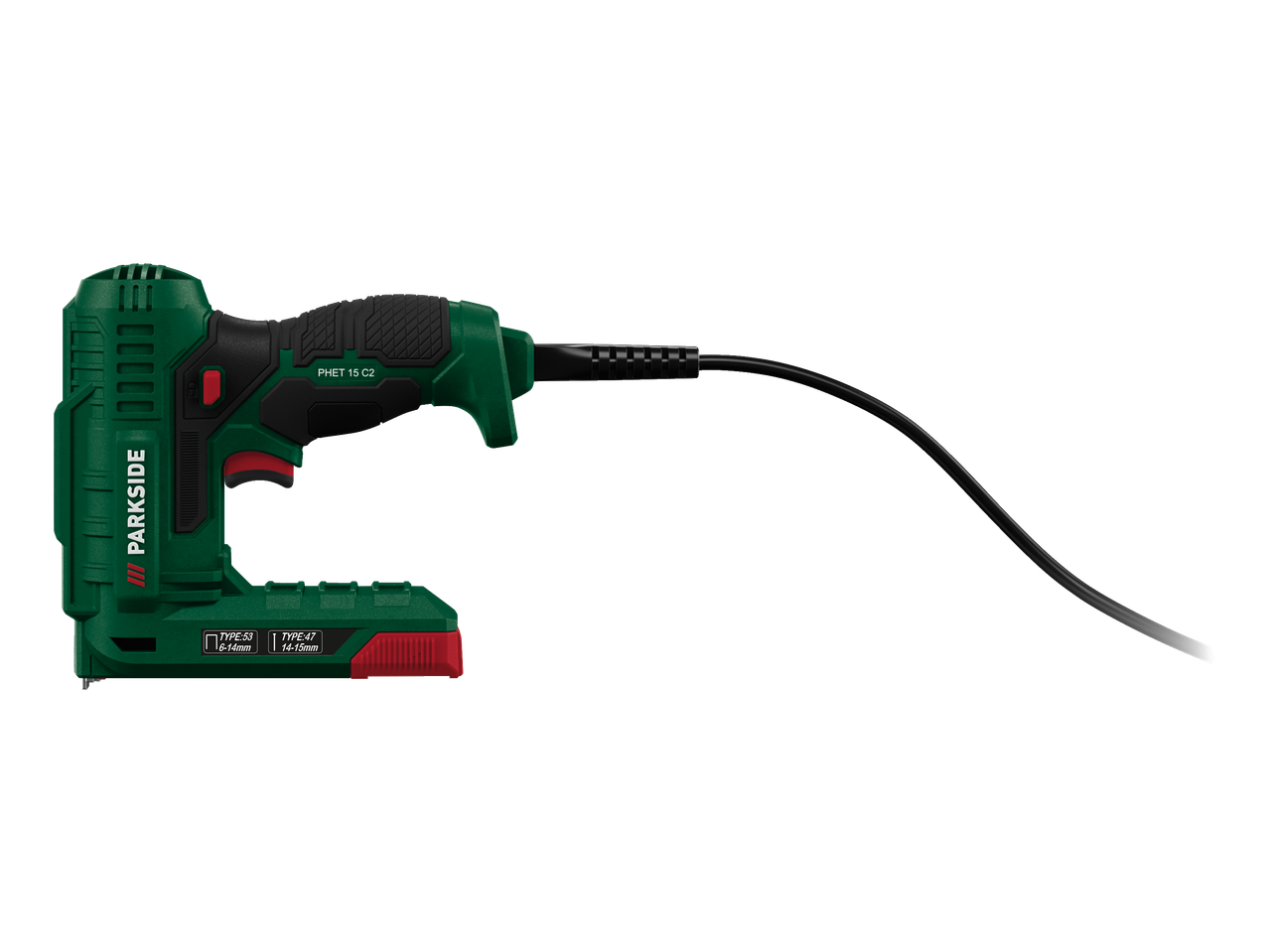 PARKSIDE elektriskais skavotājs PHET 15 C2 skavām (6-14 mm) un naglām (14-15 mm).