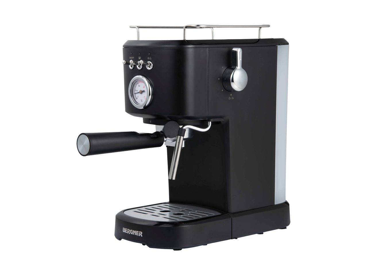 A black De'Longhi espresso machine with a chrome handle.
