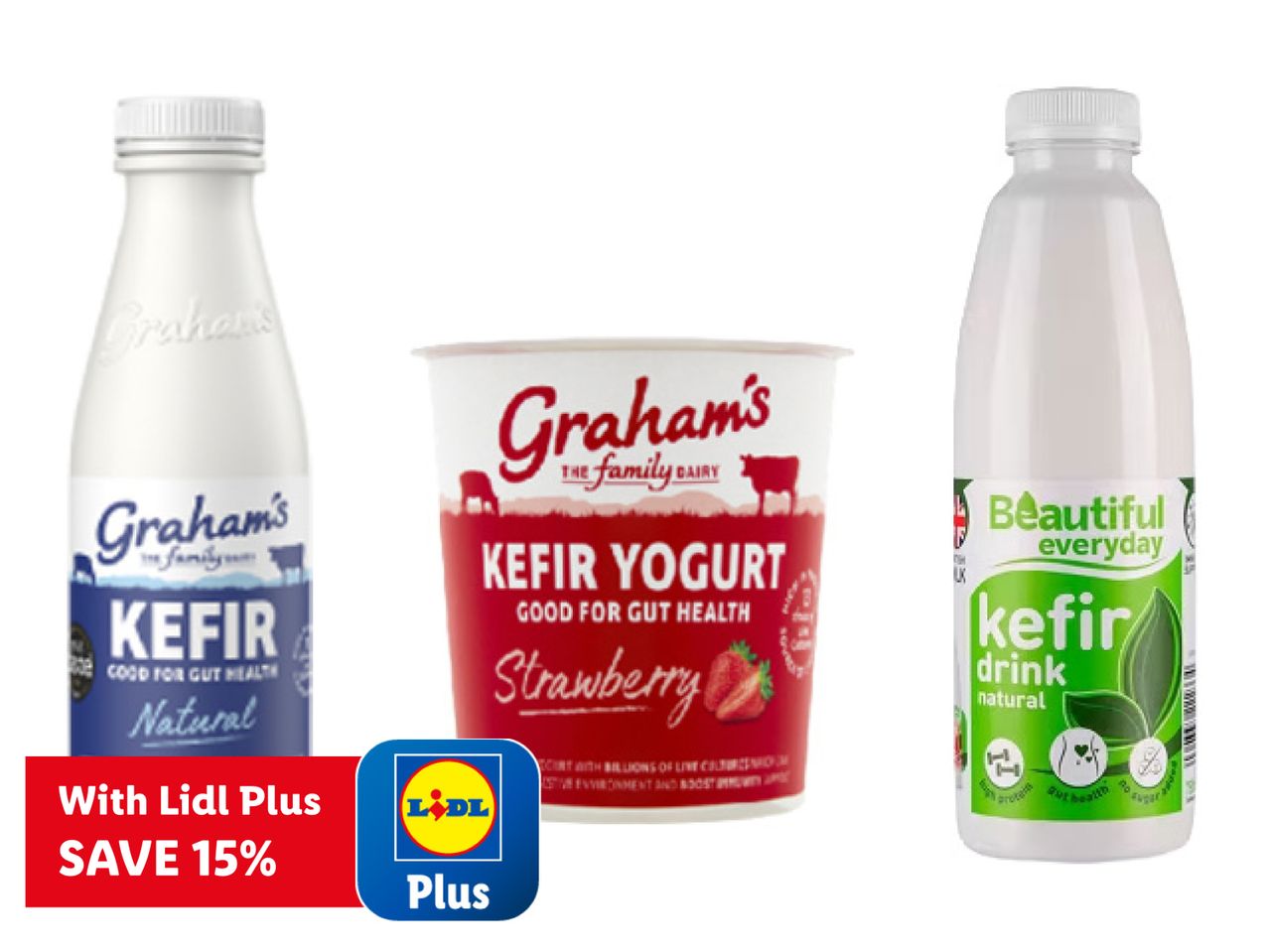 Graham's Kefir drink and yogurt, and Beautiful Everyday Kefir drink, with a Lidl Plus 15% off offer.