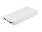 White power bank with multiple USB ports and a power button, angled view.