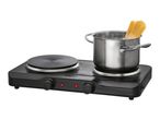 Double hot plate with a pot of boiling water and spaghetti on one burner.