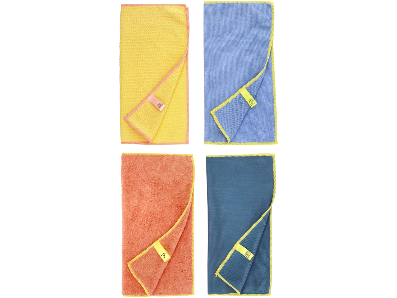 Conjunto de quatro panos de microfibra W5 em amarelo, azul, laranja e azul-marinho.