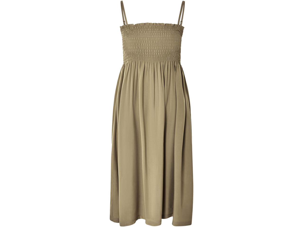 En beige, smala axelbandslös klänning.