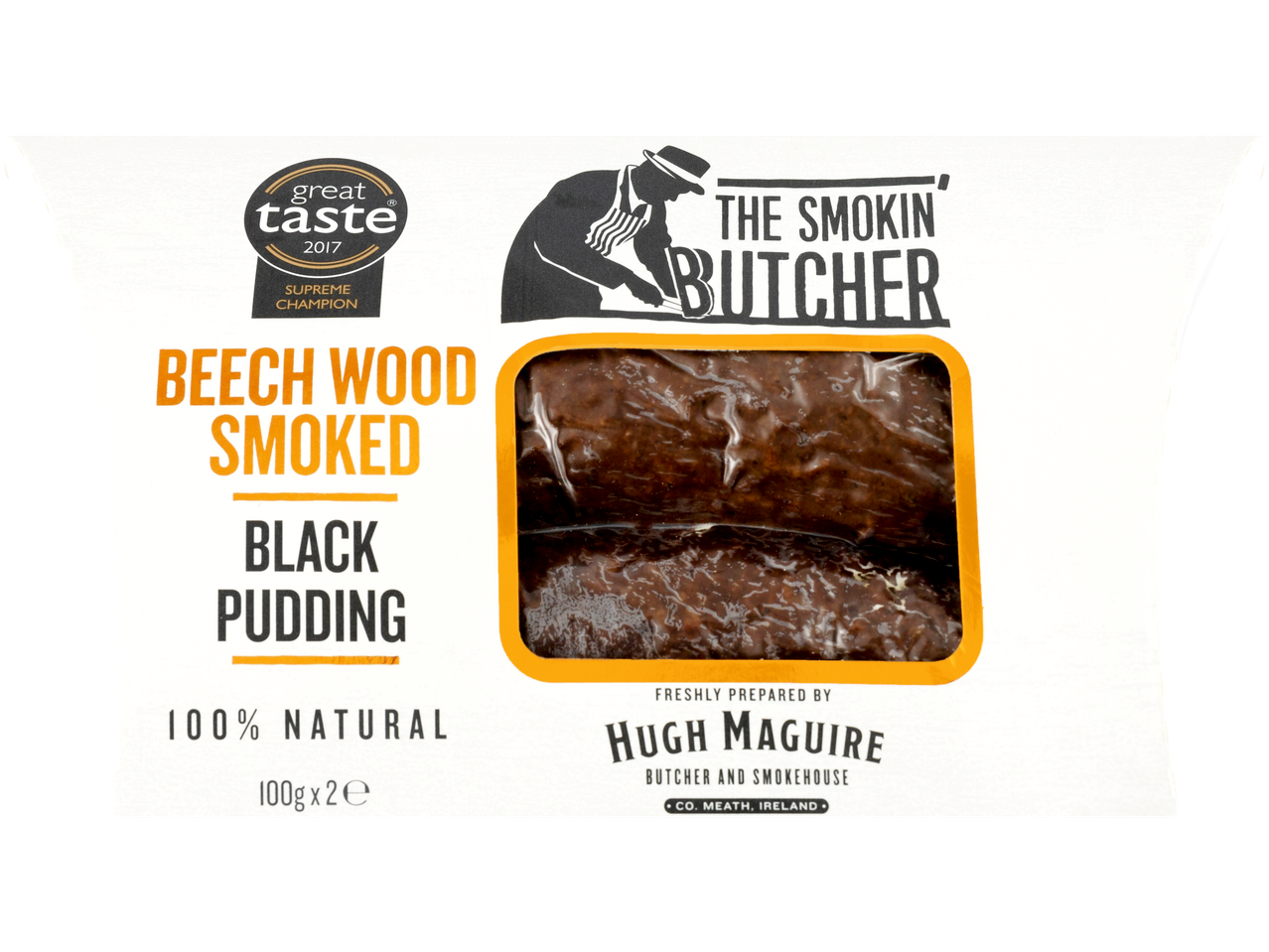 Packaging for The Smokin' Butcher Beech Wood Smoked Black Pudding, 100g x 2e.