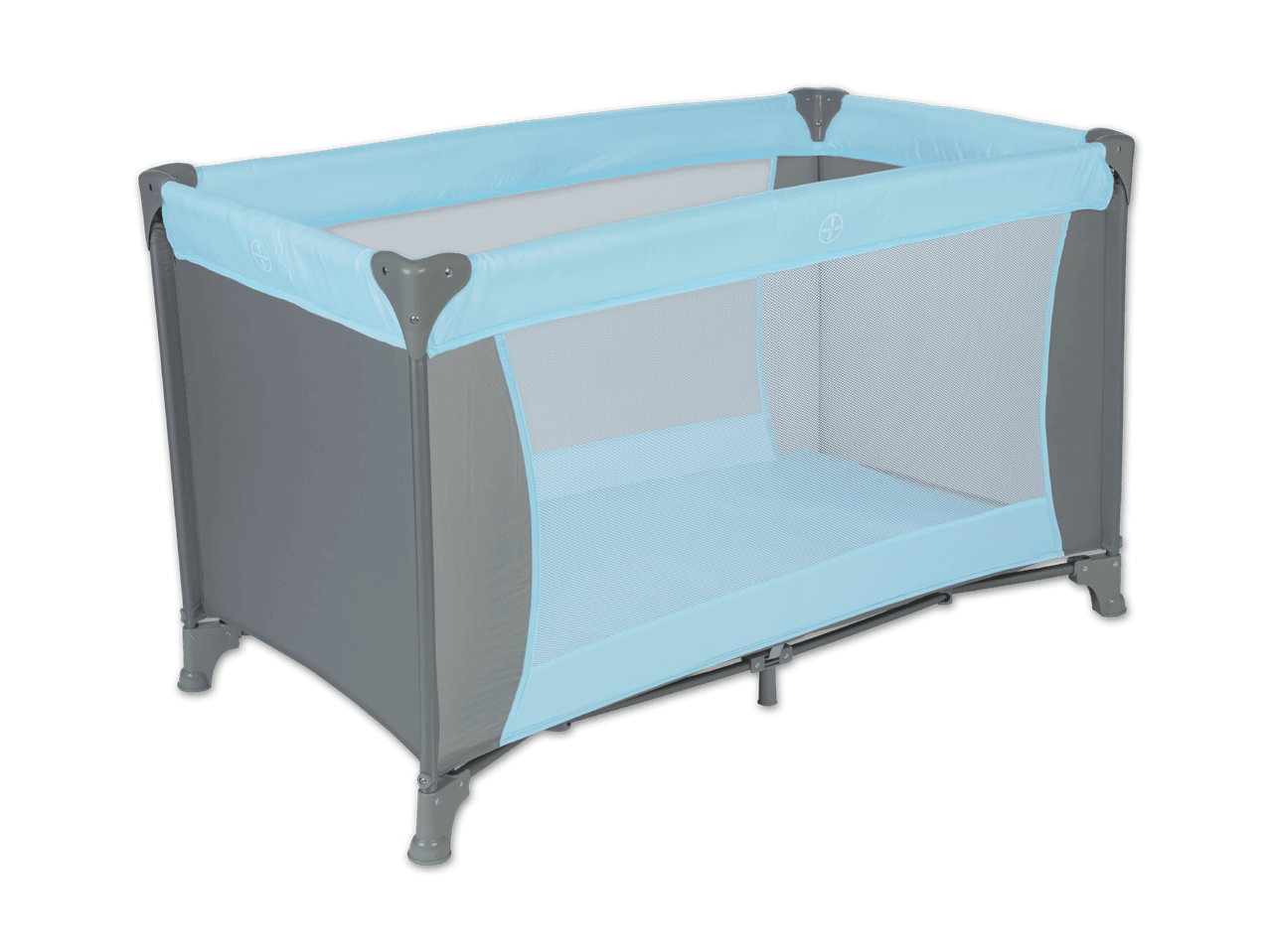 Blaues und graues Reisebett für Babys mit Netzseiten