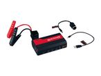Portable jump starter with battery clamps, USB-C, USB-A, and 12V output ports, and charging cables.