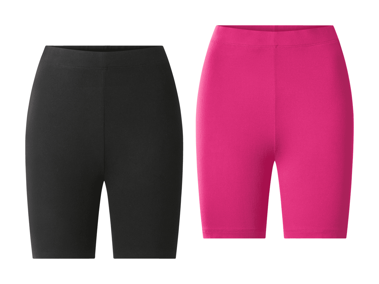Deux shorts cyclistes, un noir et un fuchsia, sur fond noir.
