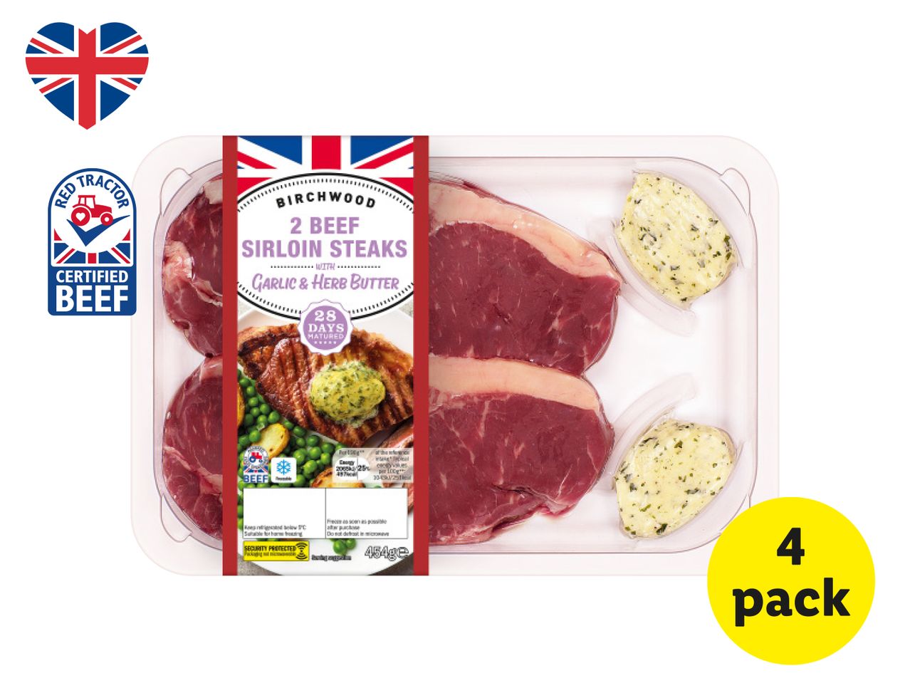 Four-pack of British-sourced sirloin steaks with herb butter.