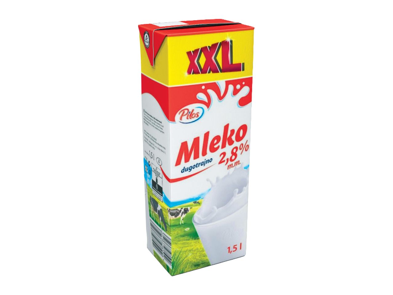 Karton mleka Pilos XXL dugotrajno 2,8% m.m. od 1,5 litara.