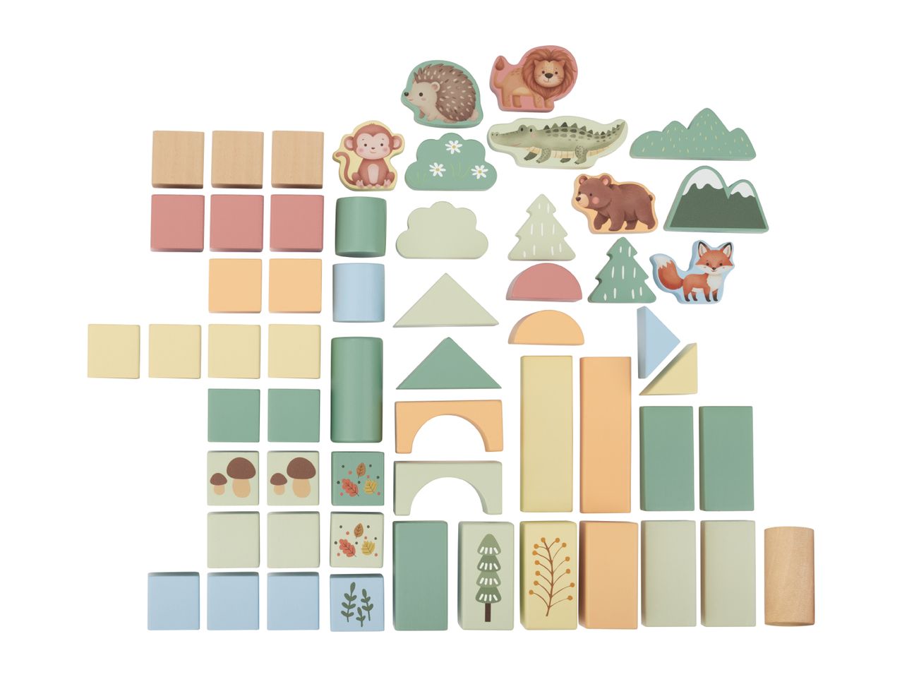 Wooden building blocks and animal figures in pastel colors, including a hedgehog, lion, crocodile, bear, fox, and monkey.