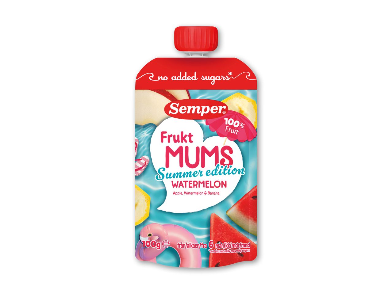 Frugtpuré i pose med vandmelon, æble og banan, med teksten 'no added sugars'.