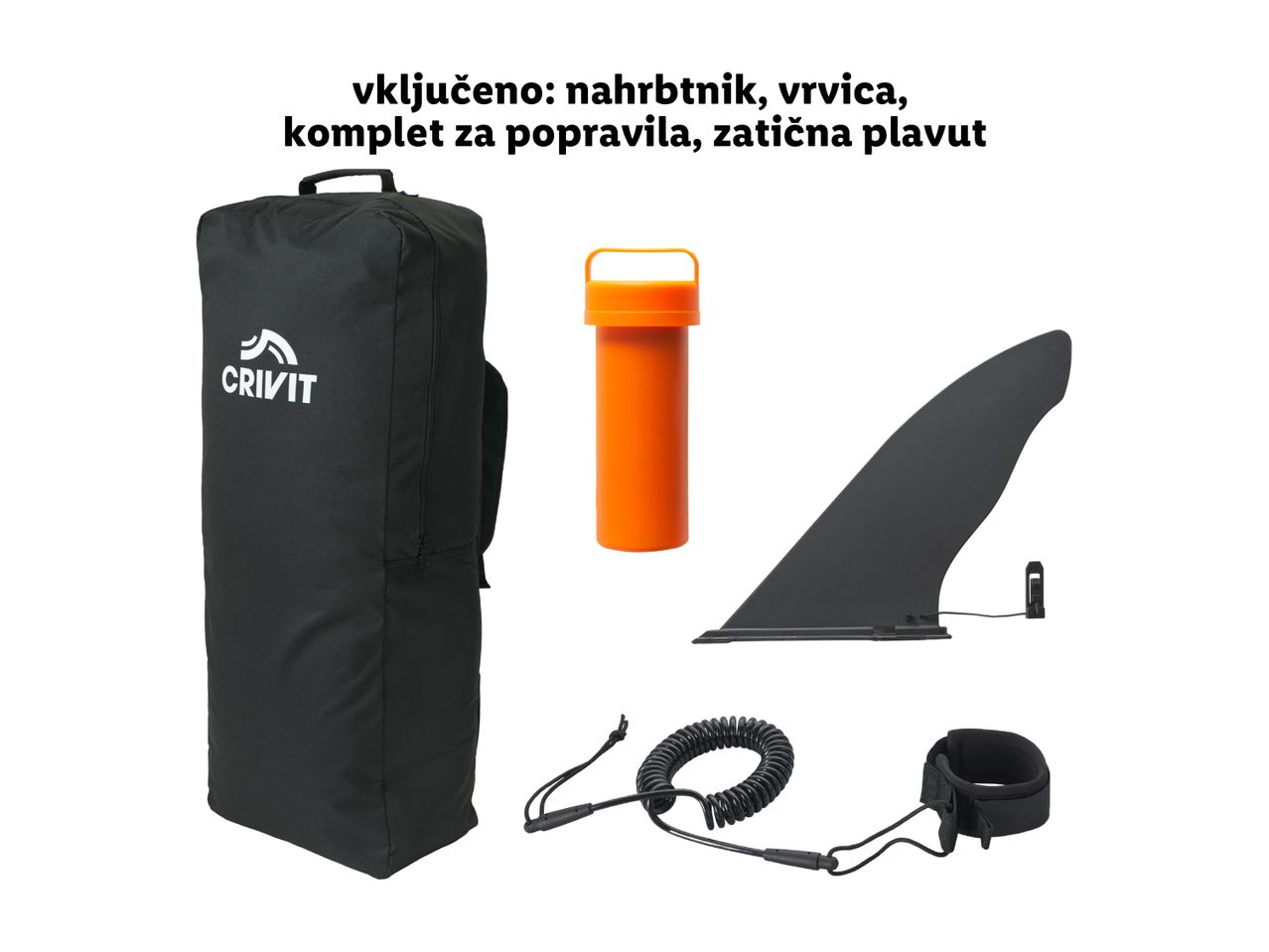 Komplet opreme za SUP, vključno z nahrbtnikom, plavutjo in vrvjo.