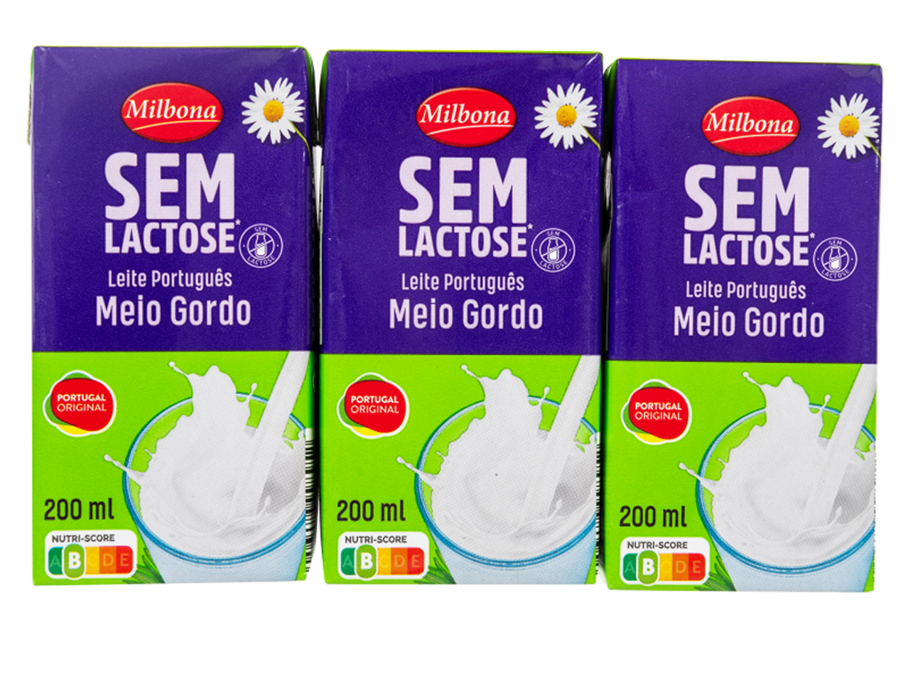 Três embalagens de leite meio gordo sem lactose, 200ml, com Nutri-Score A.