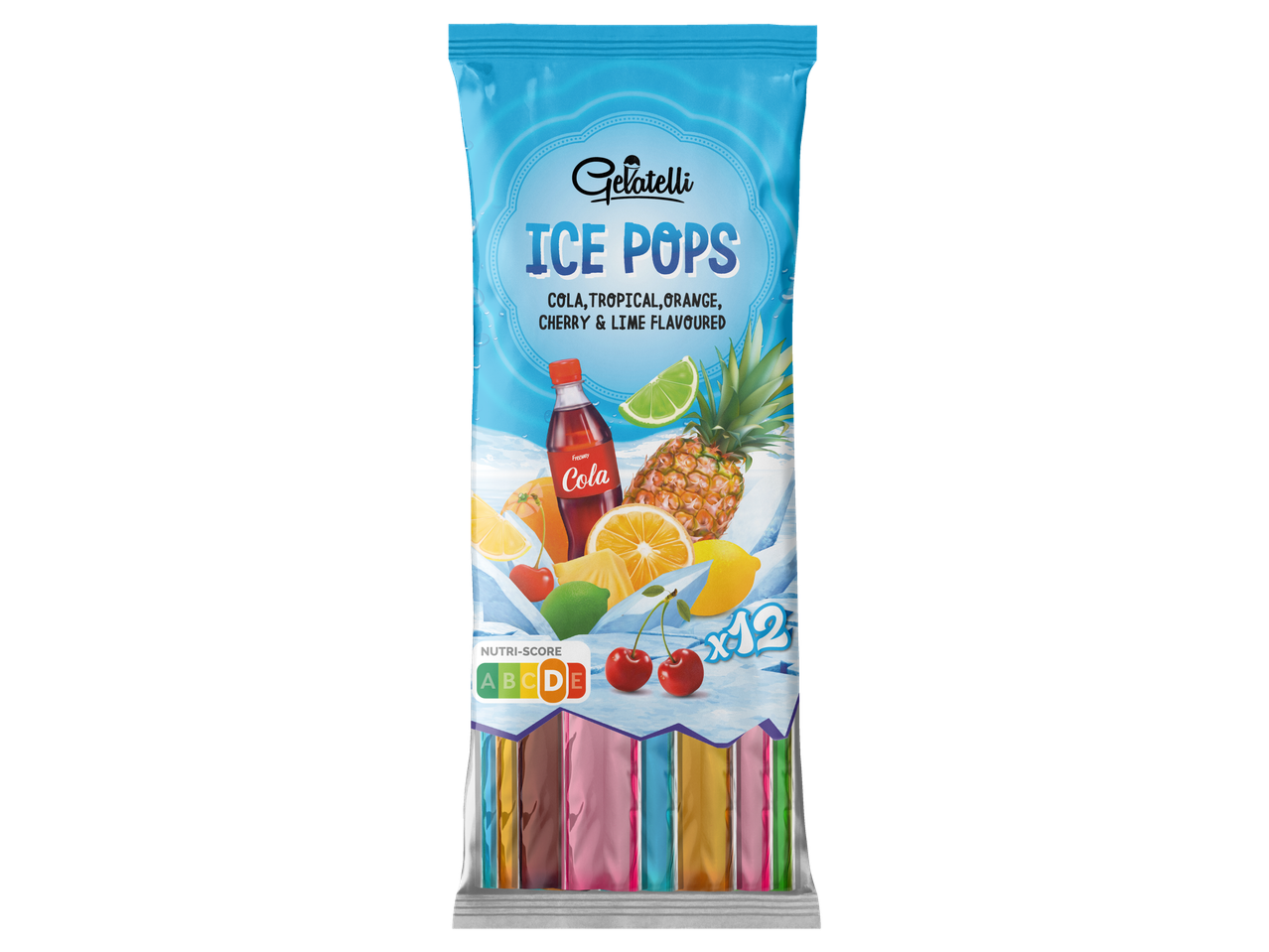 12 glaces Gelatelli aux saveurs cola, fruits tropicaux, orange, cerise et citron vert.