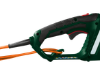Close-up of the handle and power cord of a Parkside PEKS 2200 B1 electric chainsaw.