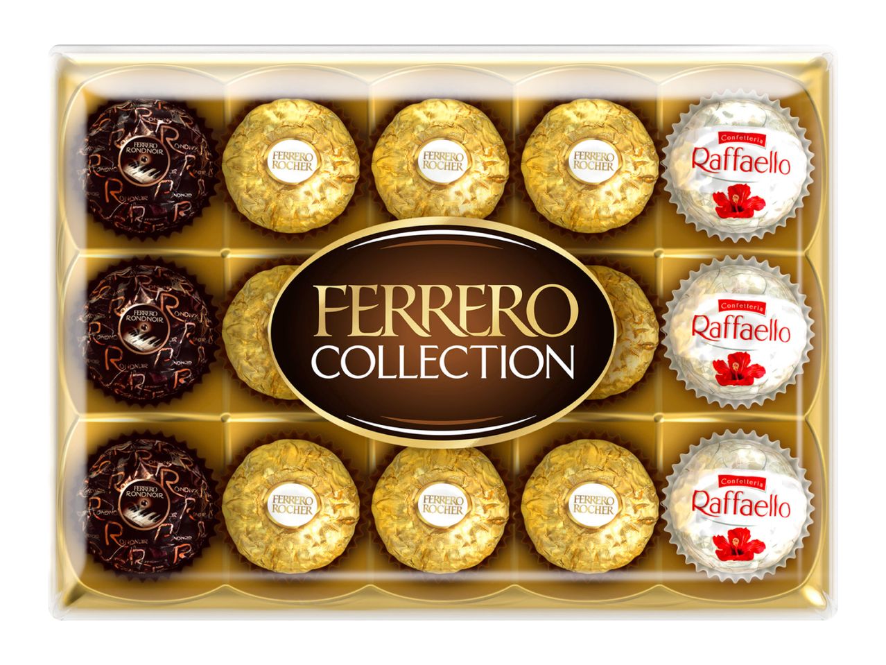 Assorted chocolate and coconut pralines in a gold box, including dark, milk, and white varieties.