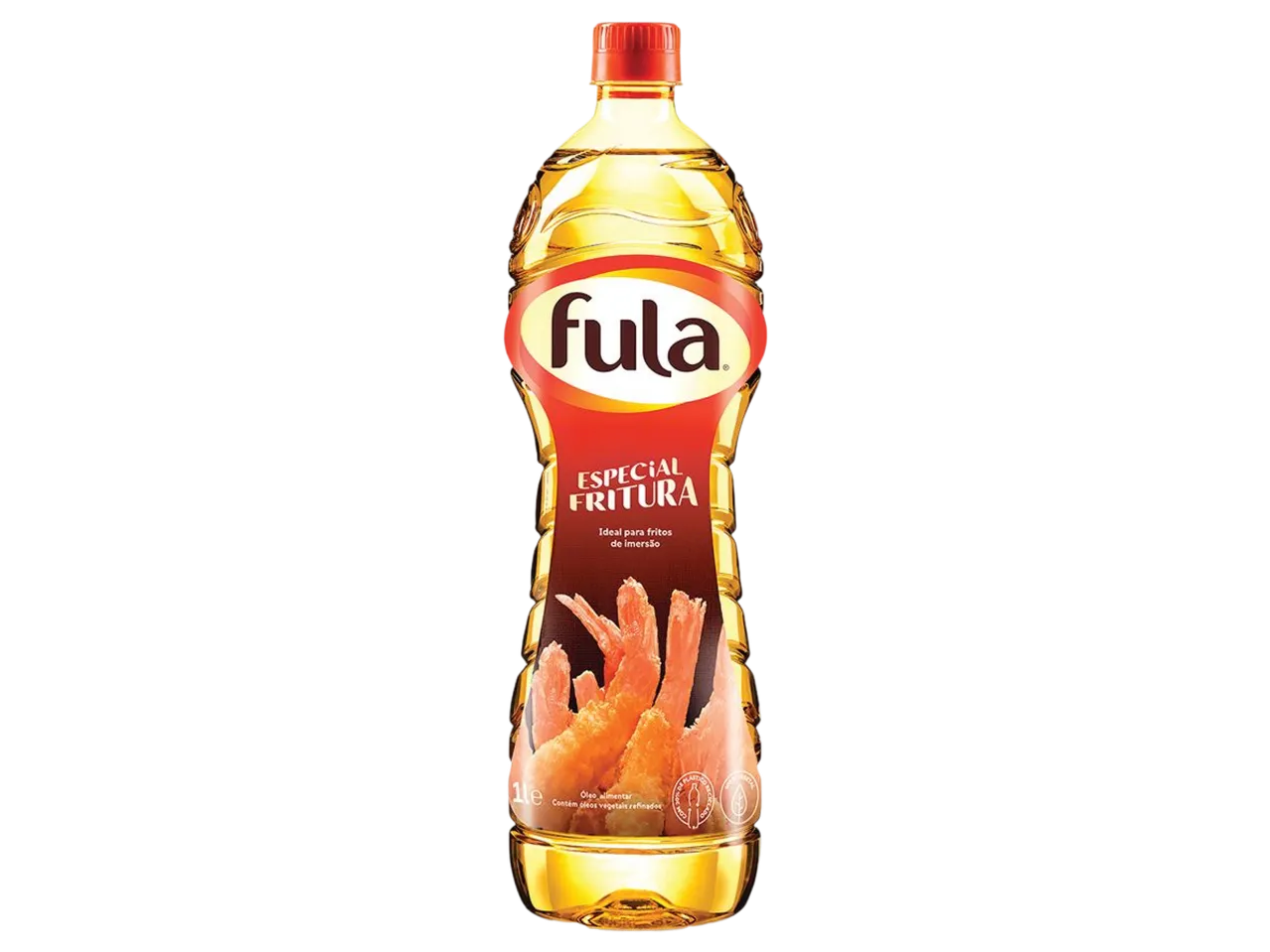 Garrafa de óleo vegetal para fritura, com camarões fritos na etiqueta.