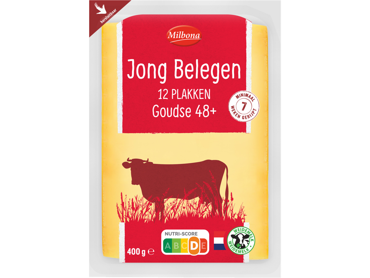 Milbona Gouda kaas, 12 plakken, 400g verpakking.