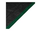 Close-up of a black woven fabric with a green border, possibly a tarp or ground cover.
