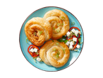 Three filo pastries, feta cheese, and salad.