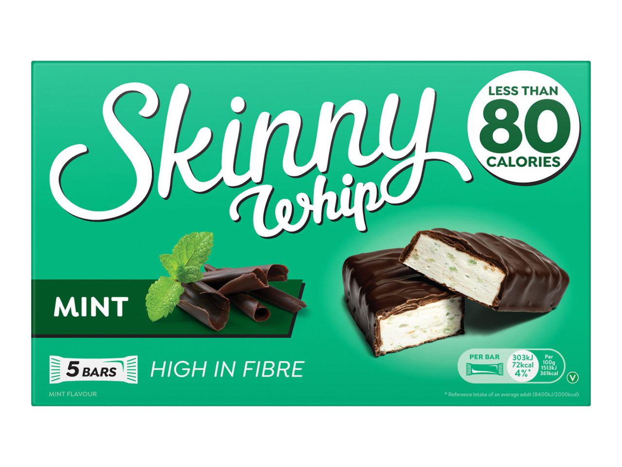 A box of mint chocolate whip bars, high in fibre and under 80 calories.