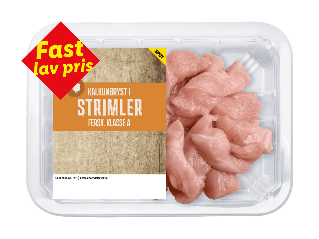Pakke med kalkunbryst i strimler, mærket 'Fast lav pris' og 'SPOT'.