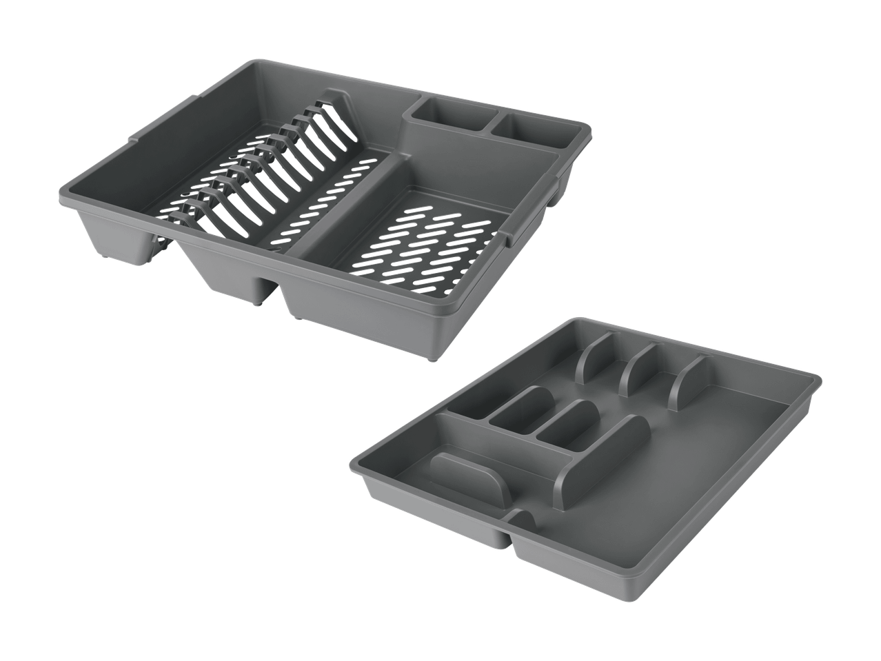 Égouttoir gris avec compartiments pour couverts et assiettes, et un plateau séparé pour les ustensiles.