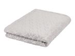 A light gray, soft blanket with a subtle geometric pattern, folded neatly.