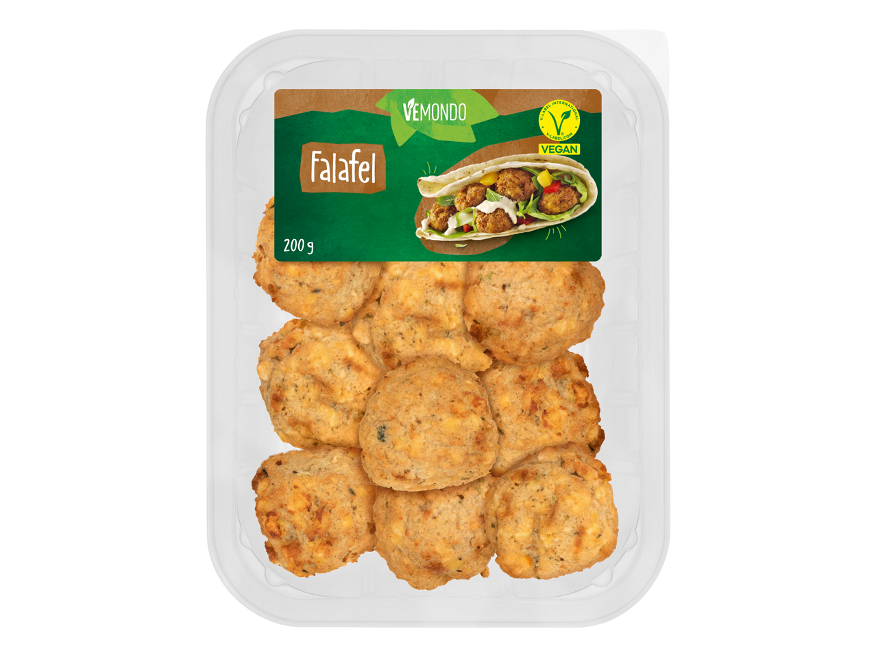 Vemondo veganer Falafel in einer transparenten Plastikverpackung mit Etikett