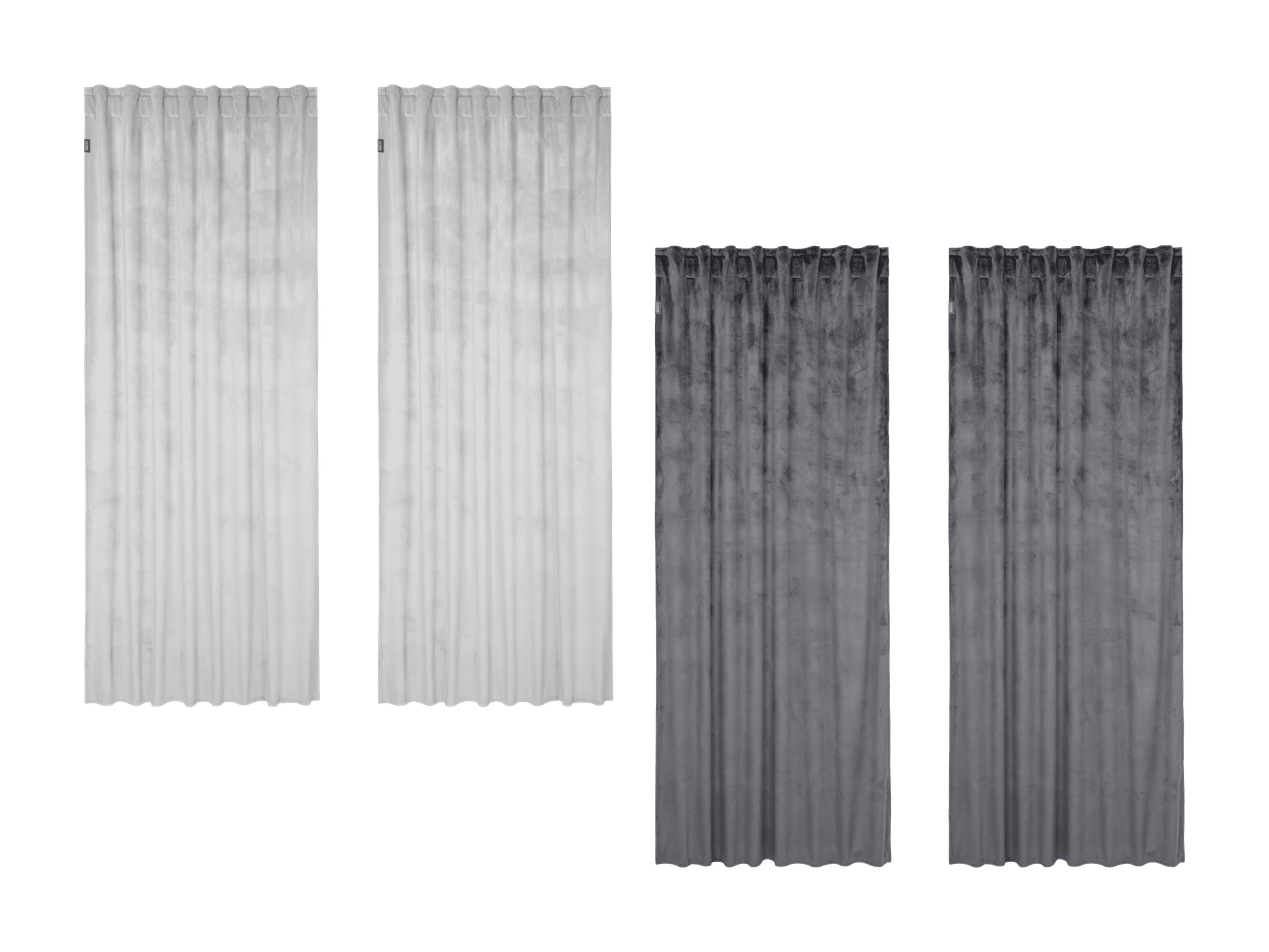 Quatre rideaux en velours, deux blancs et deux gris