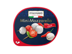 ITALIAMO Mini-Mozzarella Chilli com tomate, manjericão e pimentas chili em fundo azul.