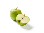 Maçã Granny Smith verde inteira e meia maçã com gotas de água.