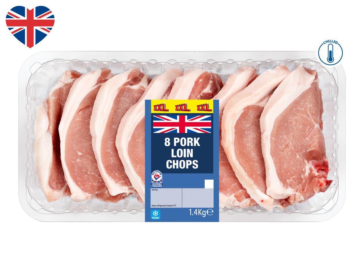 A clear plastic tray of 8 chilled pork loin chops, with a Union Jack heart and label indicating 1.4Kg.